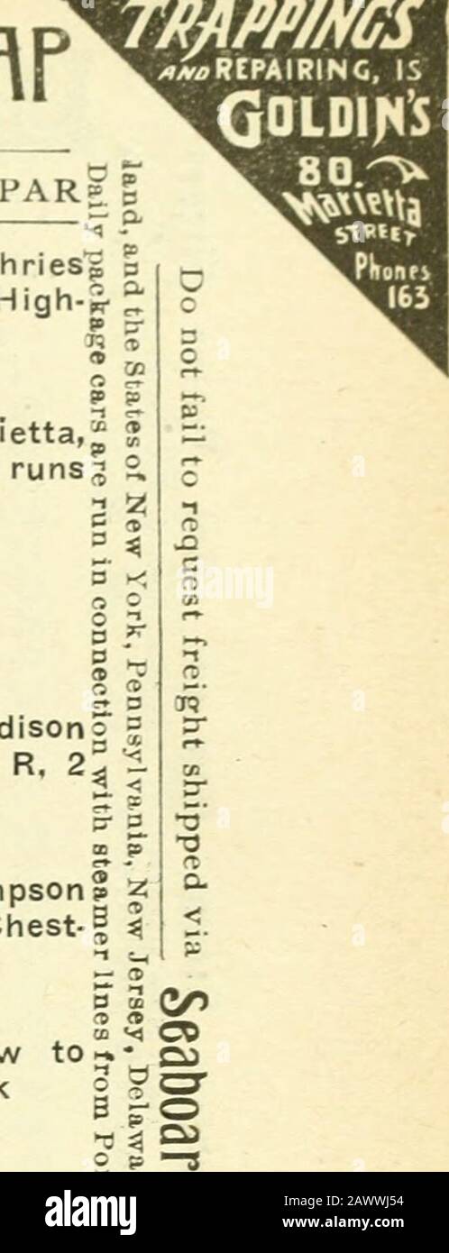 Atlanta City Directory . Intersects)Colston Miles OHarkey William CArnold John S392 Cape Jasper J401 Wellborn Robert S409 Lockridge Samuel 363841 45 818589 91959899 385390 OWENS ALLEY, da Smithto Ira, 1 n OF Richardson OWENS ROW, da Humphries^s w to Hollins, 1 s e of High-^ torre OXFORD AVE, 1 n di Marietta,mendicanti A Ponder ave, runa a Guyton 11 Carson William e 13 Scoggins Noah 17 Baskin Annie S MRS PACKARD, da w a Centraln della W Fair 184 Madisono =Di Ga R R. 2^ ^ PAINE AVE, frommn to Limits, 2nut PARK, 130 da 441 Peters wAshby, 1 n di Oak 6 Brandon Green H12 Sasnet Mamie B MRS 1 Foto Stock