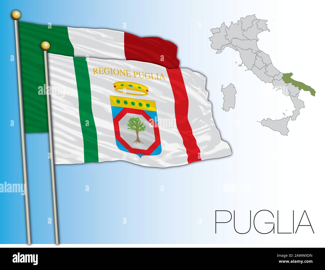 Puglia bandiera e mappa regionale ufficiale, Italia, illustrazione vettoriale Illustrazione Vettoriale