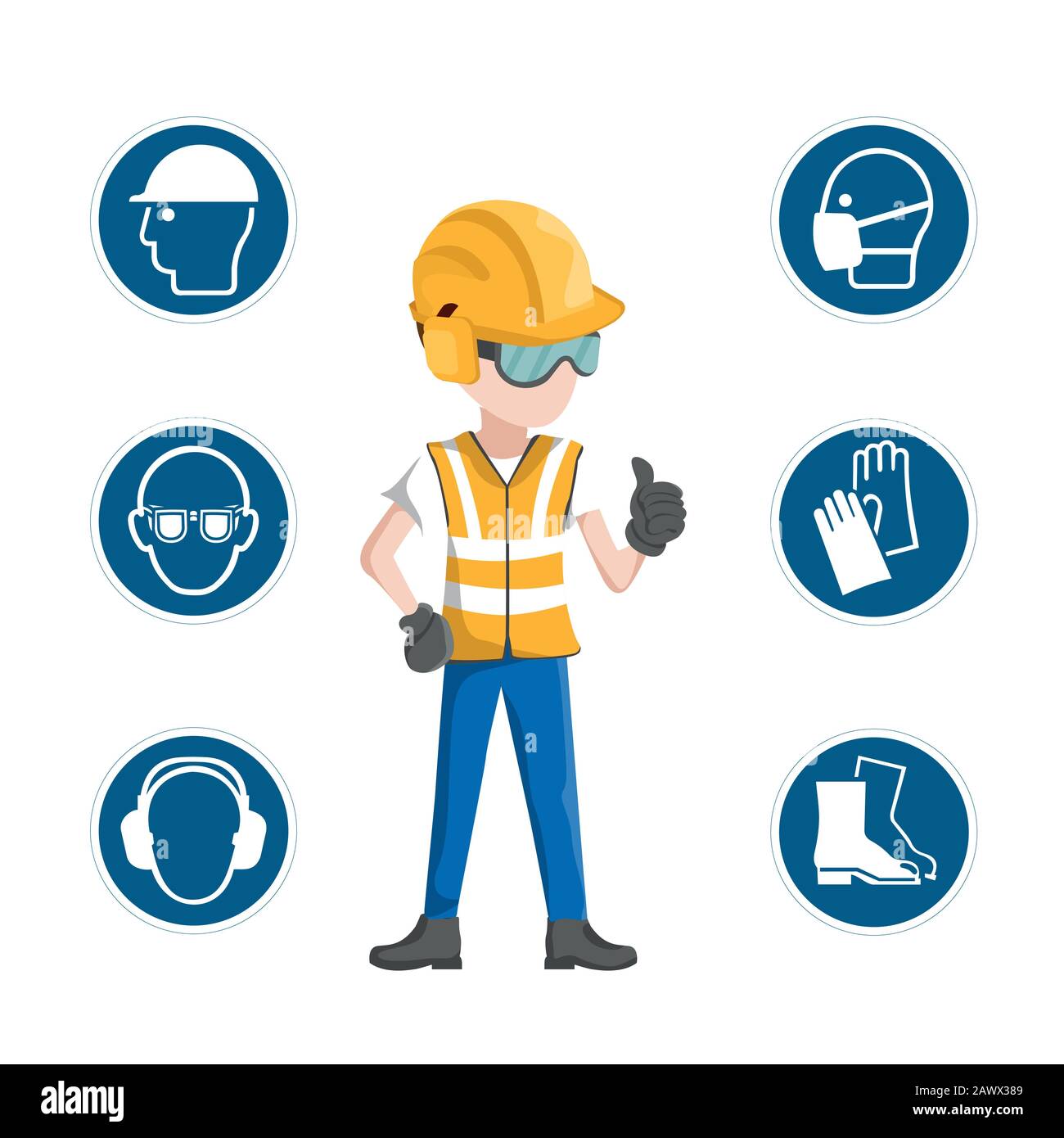 Icone di sicurezza industriale, lavoratore con i suoi dispositivi di protezione personale Illustrazione Vettoriale