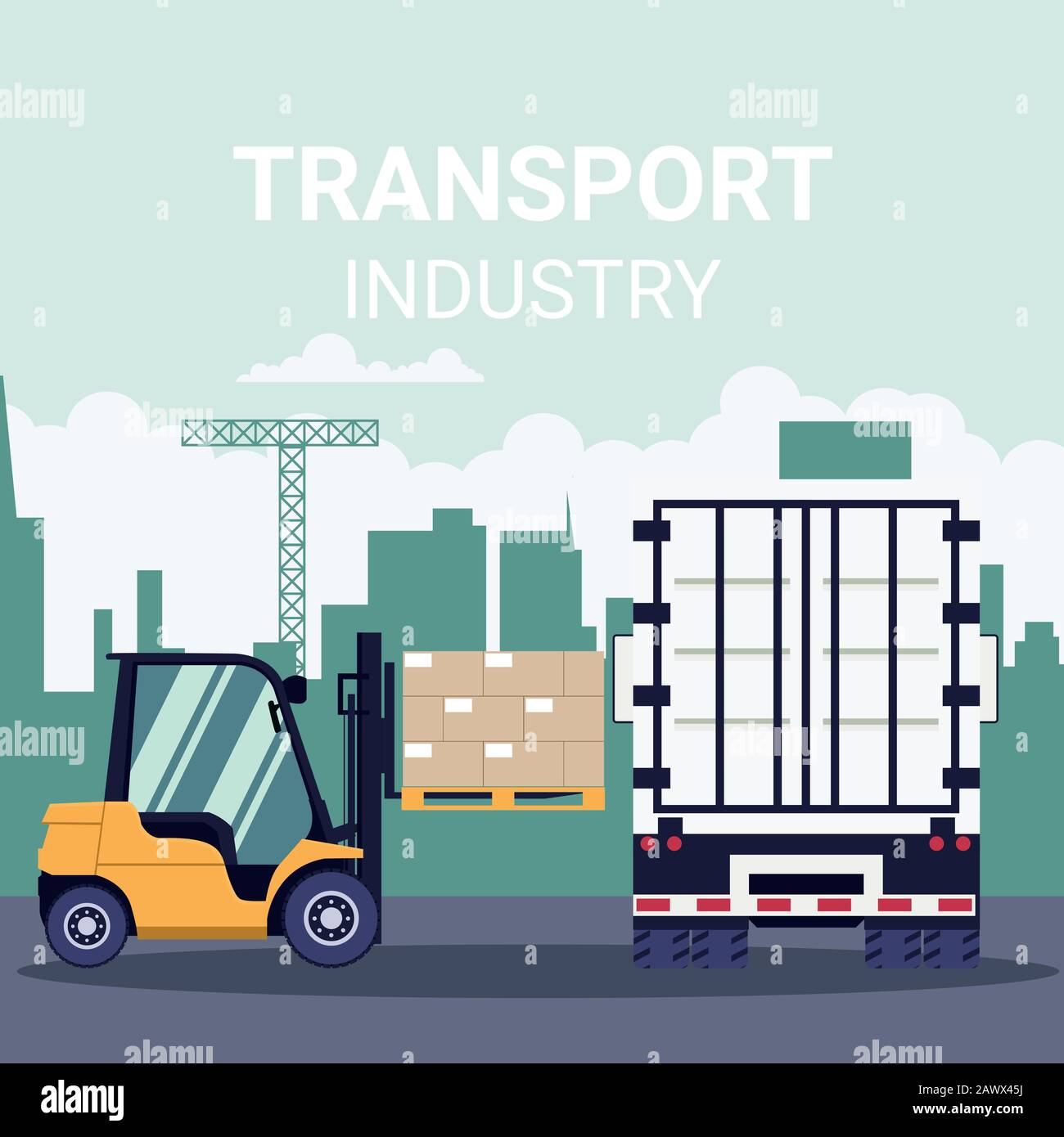 Logistica del trasporto industriale con carrello elevatore a forche con container per transpallet Illustrazione Vettoriale