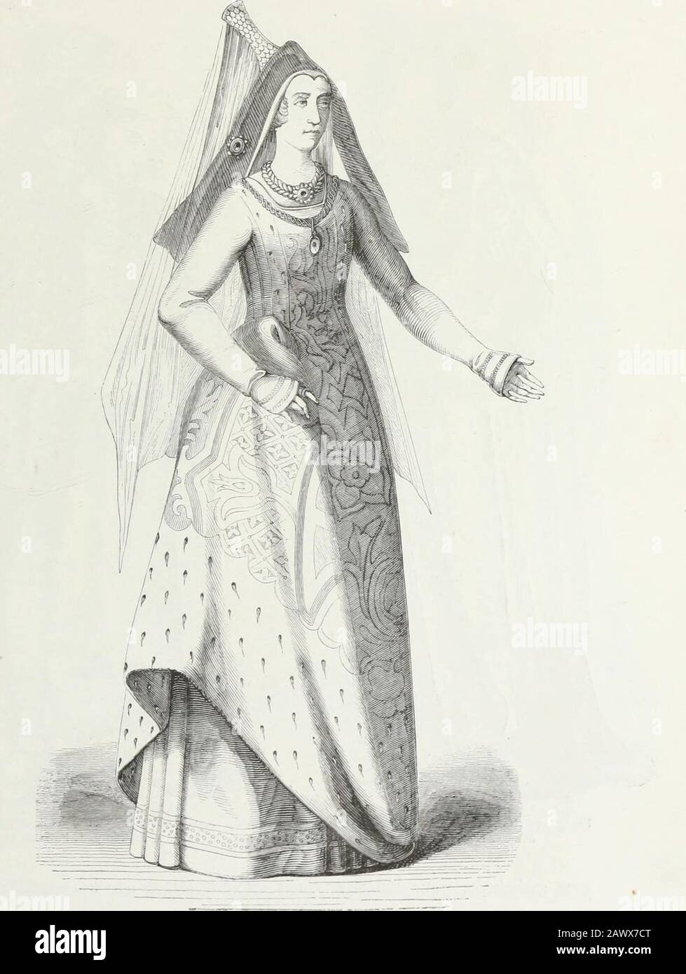 Mœurs, usanze et costumi au moyen âge et à l'époque de la Renaissance . Fig. 427. Costume de Charlotte de Savoie, secondde femme de Louis XI Daprès un tableau contem •porain provenant du château de Bourbon-lArchambault, collezione de M. de Quedeville, à Paris. (Lesarmoiries de Louis XI et de Charlotte sont peintes derrière le tableau.) COSTUMI. 583. Fig. 428. Costume de Marie de Bourgogne, fille de Charles le Téméraire, femme de Maximilien Dau-triche (fin du quinzième siècle). Daprès une ancienne gravure à la Bibliothèque impériale de Pariscabinet des estampes. 084 MŒURS UTILIZZI ET. Foto Stock