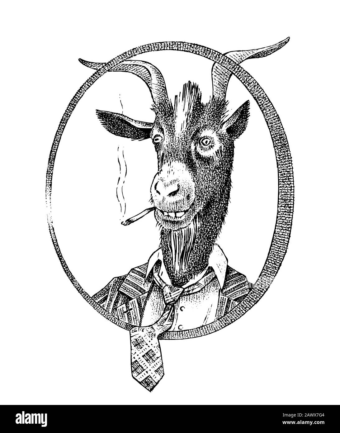 Fumo studente di capra o pecora. Ritratto di persona di animale disegnato a mano. Disegno monocromatico inciso per carta, etichetta o tatuaggio. Hippster Illustrazione Vettoriale