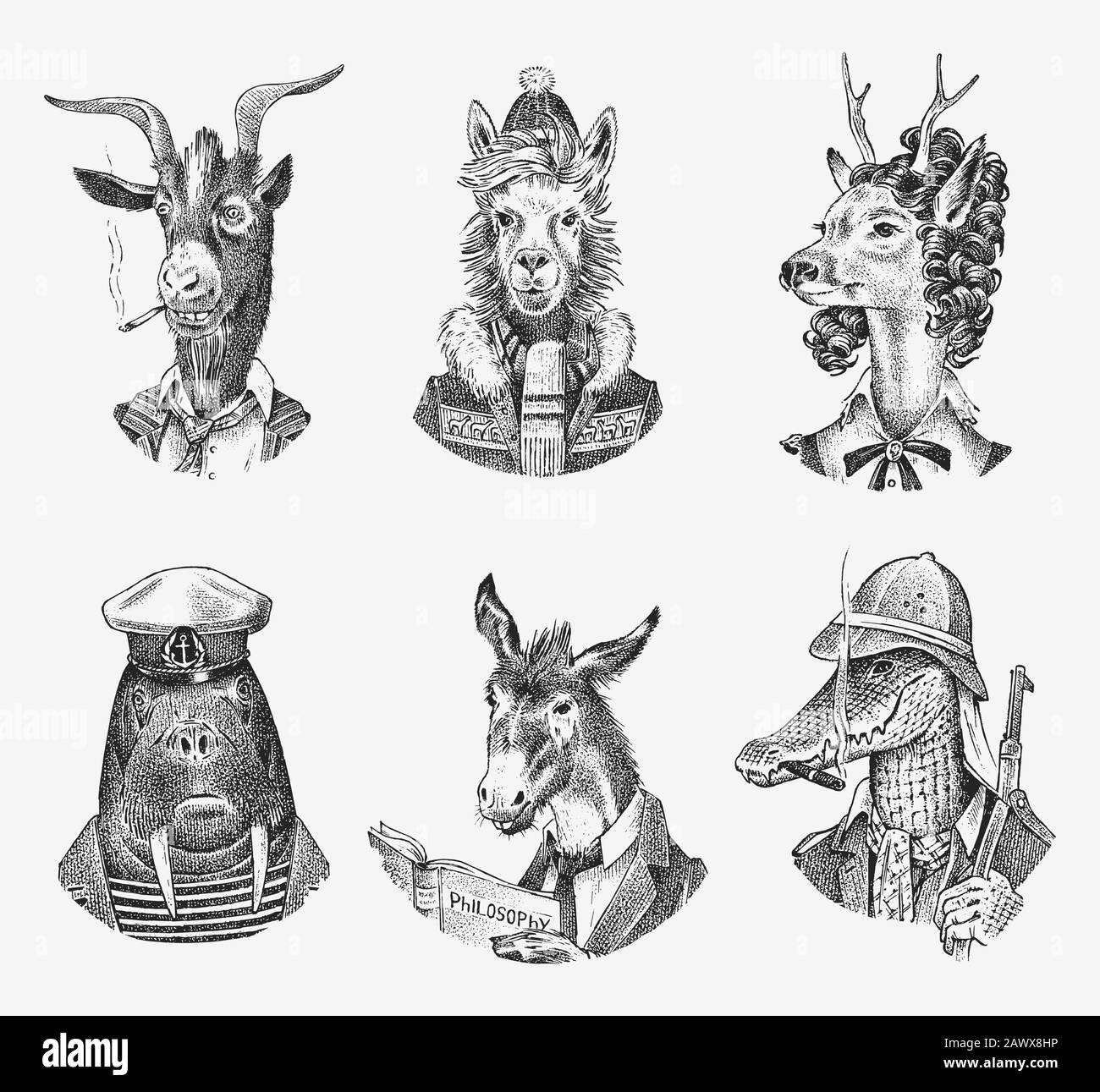 Set di caratteri animali. Llama Sciatore Deer Lady Walrus Crocodile Smoking Goat Dog Donkey Alpaca. Ritratto disegnato a mano. Schizzo monocromatico inciso per la scheda Illustrazione Vettoriale