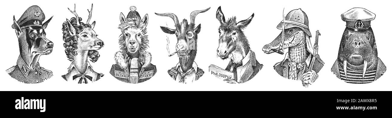 Set di caratteri animali. Fumando Goat Llama Sciatore Deer Lady Walrus Crocodile Cane Donkey Alpaca. Ritratto disegnato a mano. Schizzo monocromatico inciso per la scheda Illustrazione Vettoriale