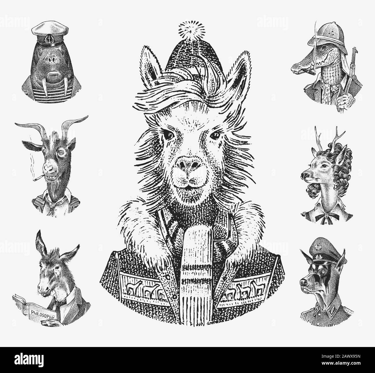 Set di caratteri animali. Llama Sciatore Deer Lady Walrus Crocodile Smoking Goat Dog Donkey Alpaca. Ritratto disegnato a mano. Schizzo monocromatico inciso per la scheda Illustrazione Vettoriale