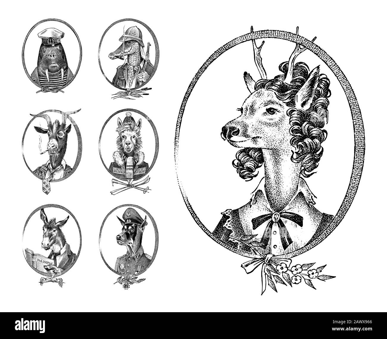 Set di caratteri animali. Donna Di Cervo Walrus Coccodrillo Smoking Goat Dog Donkey Alpaca Llama Sciatore. Ritratto disegnato a mano. Schizzo monocromatico inciso per la scheda Illustrazione Vettoriale