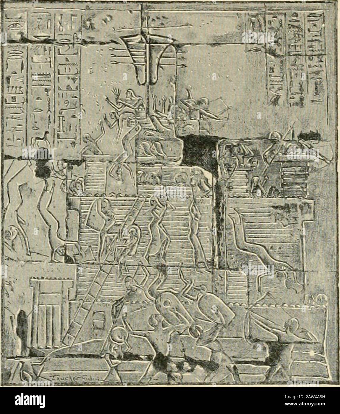 La lotta delle nazioni - Egitto, Siria e Assiria . y Faucher-Gudin, da una foto gravli presa a Karnak da Beato. Un'altra representazione della stessa città è stata trovata a Luxor, su una delle mura che sono state e.xcavated dal 1884. La maggior parte delle città canaanite prese da Eamses II nella campagna del suo VIII anno fu fortificata in questo modo (CH.^miOlcnlion, Monnmenls de VlCijijpte el de la Nttttie, vol. I. pp. SSO, 8S1;Lepsius, Dlim, iii. 15G). Deve essere stato il solito metodo di fortificazione, come sembra liaveserved come un tipo per la rappresentazione convenzionale, e a volte è stato utilizzato Foto Stock
