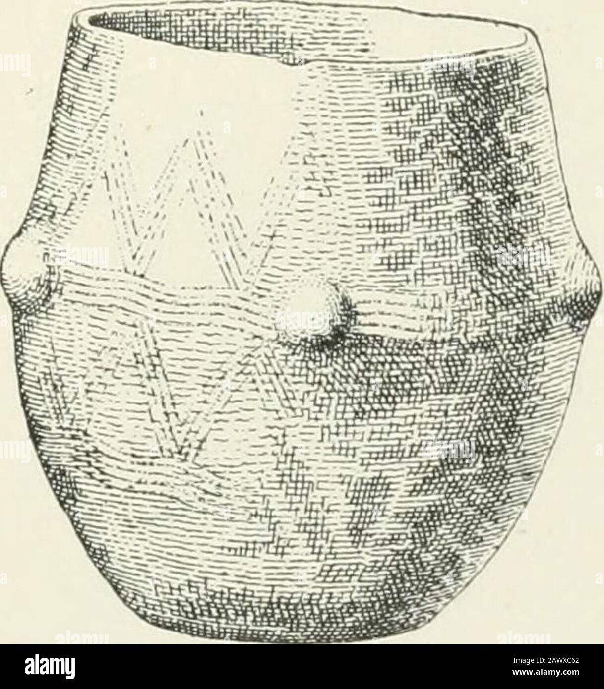 Un'introduzione allo studio dell'arte preistorica . Fig. 221.- urne Cinerarie. 192 ARTE PREISTORICA prima di bakine. Il bastone dentellato così caratteristico della tecnica del beaker sembra essere caduto in disuso, perché non è mai visto su questa forma di ceramica. Chevron disegni aremolto comune, e appare anche quando il modello è stato realizzato con un solo cavo. L'ornamentazione è limitata alla parte superiore del vaso. Le Exceptionssi verificano in Irlanda, Galles e Cornovaglia in cui il corpo è ornato, e in molti di questi casi il chevronmotive è molto pronunciato. Trovato generalmente, ma non sempre, Foto Stock