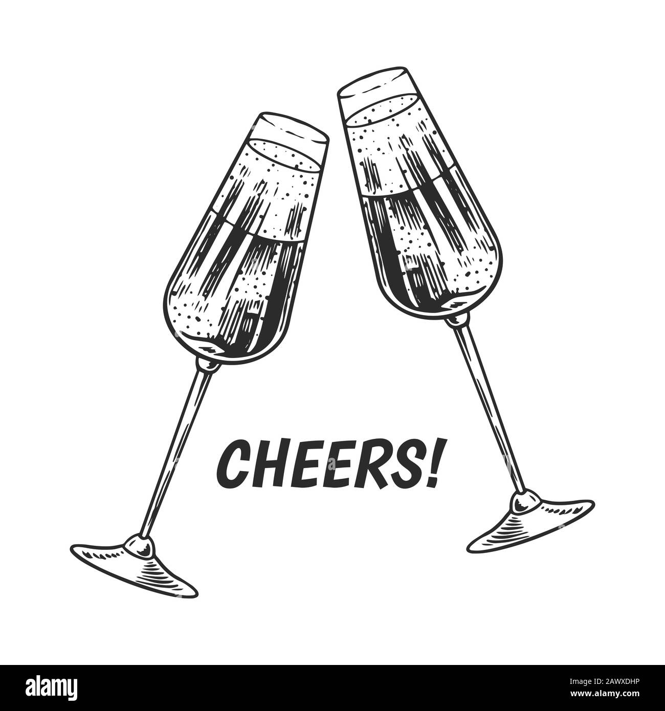 Brindisi di grazie. Bicchieri Clink di champagne o spumante in mano. Concetto di celebrazione. Bevanda alcolica dell'uva. Badge vintage. Schizzi di alcol Illustrazione Vettoriale