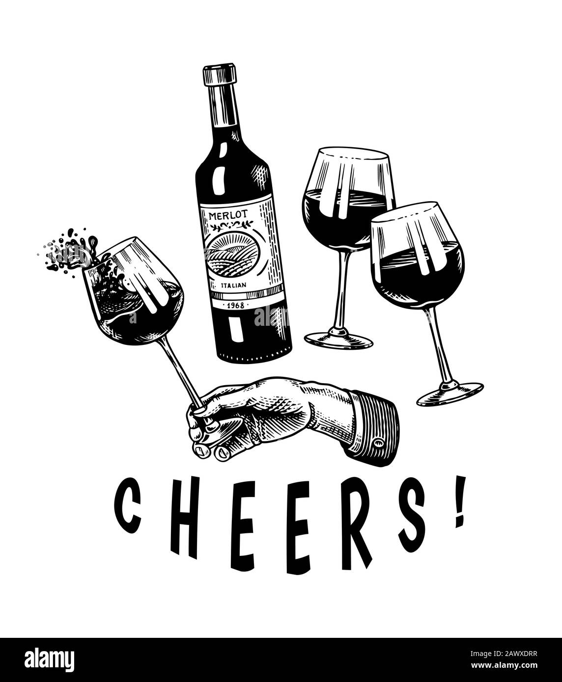 Brindisi e bicchieri di vino in mano. Concetto di celebrazione. Bevanda alcolica a base di uva rossa. Badge vintage. Etichetta Modello Di Alcol Da Schizzi. Semi Illustrazione Vettoriale