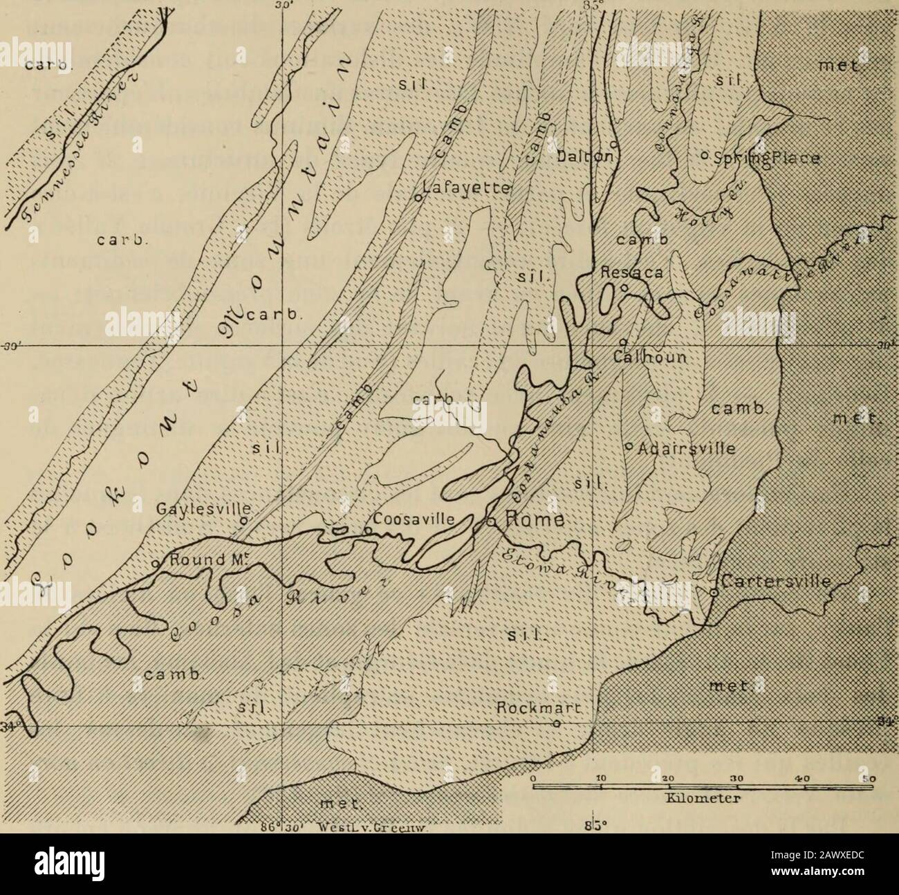 La face de la terre (Das Antlitz der Erde)Traduit de l'allemand, avec l'autorisation de l'auteur et annotée sous la direction de Emmde MargerieAvec une préfpar Marcel Bertrand . 1902-1909; etlarticle de R. T. Chamberlin, Le Pieghe appalachiane della Pcnnsilvania centrale (Journal of Geol., XVIII, 1910, pag. 228-251).] 1. Bailey Willis, La Meccanica Della Struttura Appalachiana (U. Geol. Survey, 13lh Ann.Rept., 1891-92, pt. 2, pag. 211-281, pi. XLVI-XGVI; voir notamment la carte pl.LY, pag. 232).[Voir aussi Bailey Willis, Paleozoic Appalachia, o la storia del Maryland durante PaleozoicTime (Maryland Geol. Foto Stock