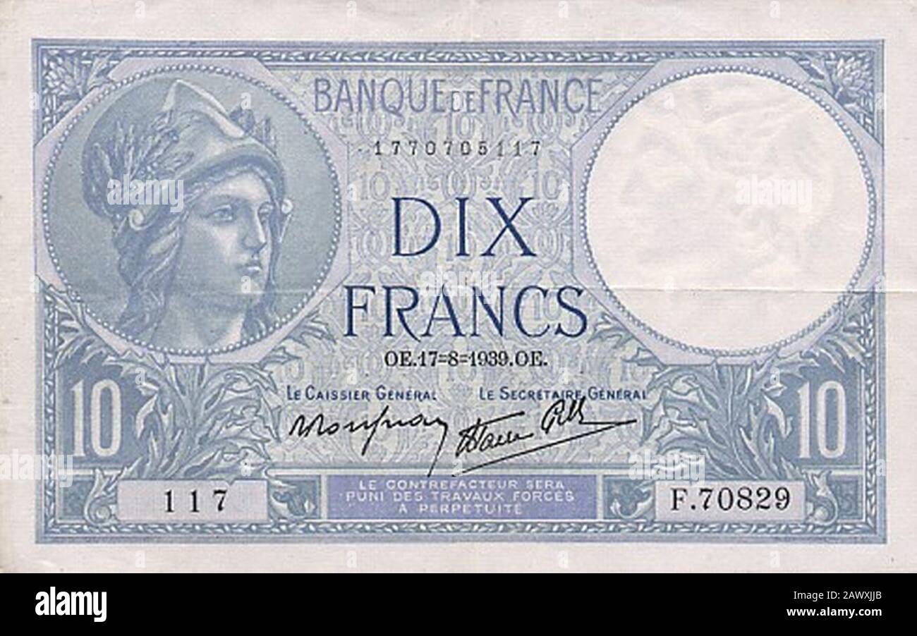 Francia 10 Franchi-1939. Foto Stock