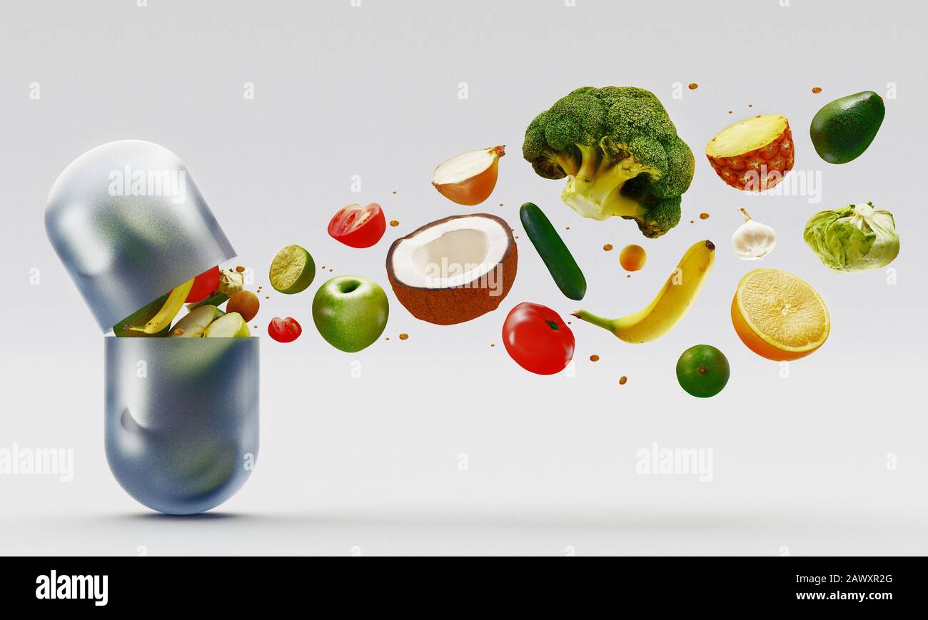 Composizione con integratori alimentari capsule di verdure. Varietà di pillole di droga. rendering 3d Foto Stock