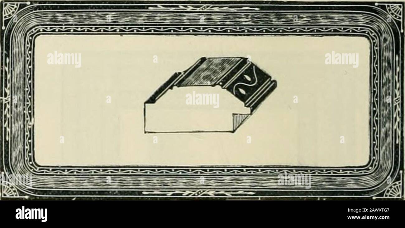 Cornici, specchi, immagini e cornici. . N. 143. Modanatura Smussata di semina, due membri Ebony, finitura in noce francese Imitazione e frassino grigio. Angoli incisi e Oro bronzo all'interno. Prezzo, S|^x2t... -per doz., 3 25 dollari. N. 145. Realizzato in Ebony piatto da IX pollici con pannello in Tranciato Noce A Elevata imitazione, Con Angoli E centri Incisi All'Interno. Prezzo, 8Kx21...perdoz., |3 75 | Prezzo, 10x14..per doz., |2 40 Foto Stock