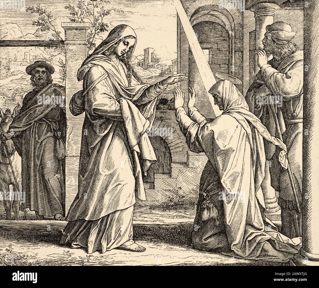 La Visitazione Di Maria. La Beata Vergine Maria visita la sua parente Isabel. Libro di Luca, Storia Sacra biblica del nuovo Testamento. Vecchia incisione Foto Stock