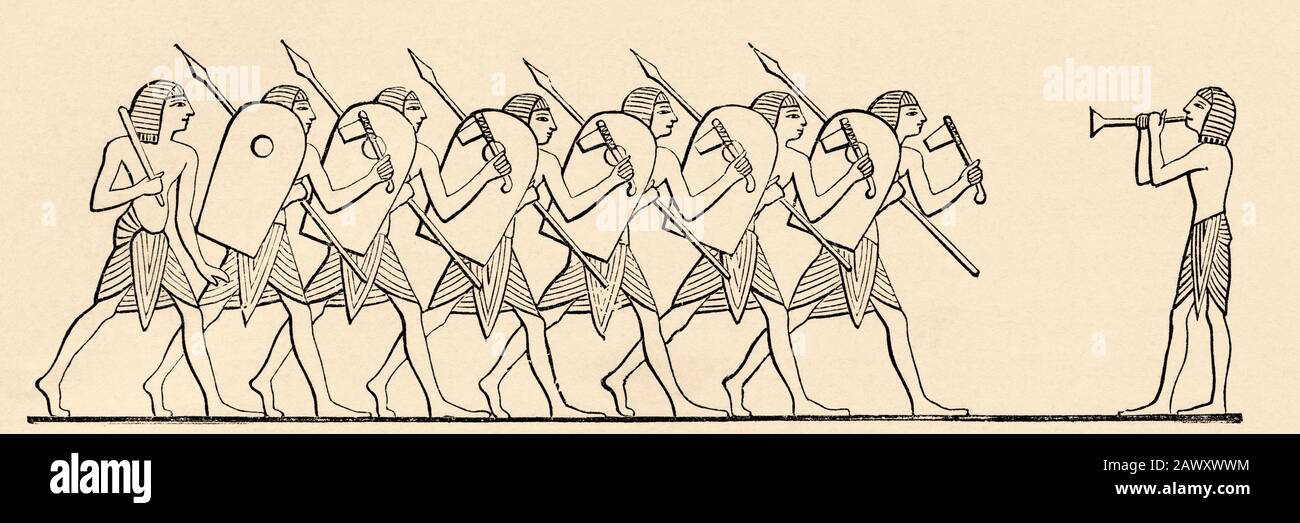 Fanteria egiziana con lancia scudo e ascia di battaglia, antico impero egiziano. Egitto. Vecchia illustrazione dell'incisione dal libro Storia universale di Osca Foto Stock