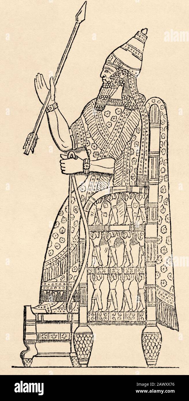 Sennacherib, re assiro sul suo trono. Palazzo A Ninive, Iraq. Assiro 645-636 a.C. Vecchia illustrazione dell'incisione dal libro Storia universale da Foto Stock