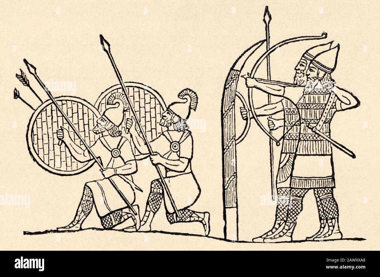 Falange militari assiri davanti alle mura di una città assediata, dal palazzo di rilievo Ashurbanipale. Periodo Neo-Assiro, 865-860 A.c. Palazzo, Nimru Foto Stock