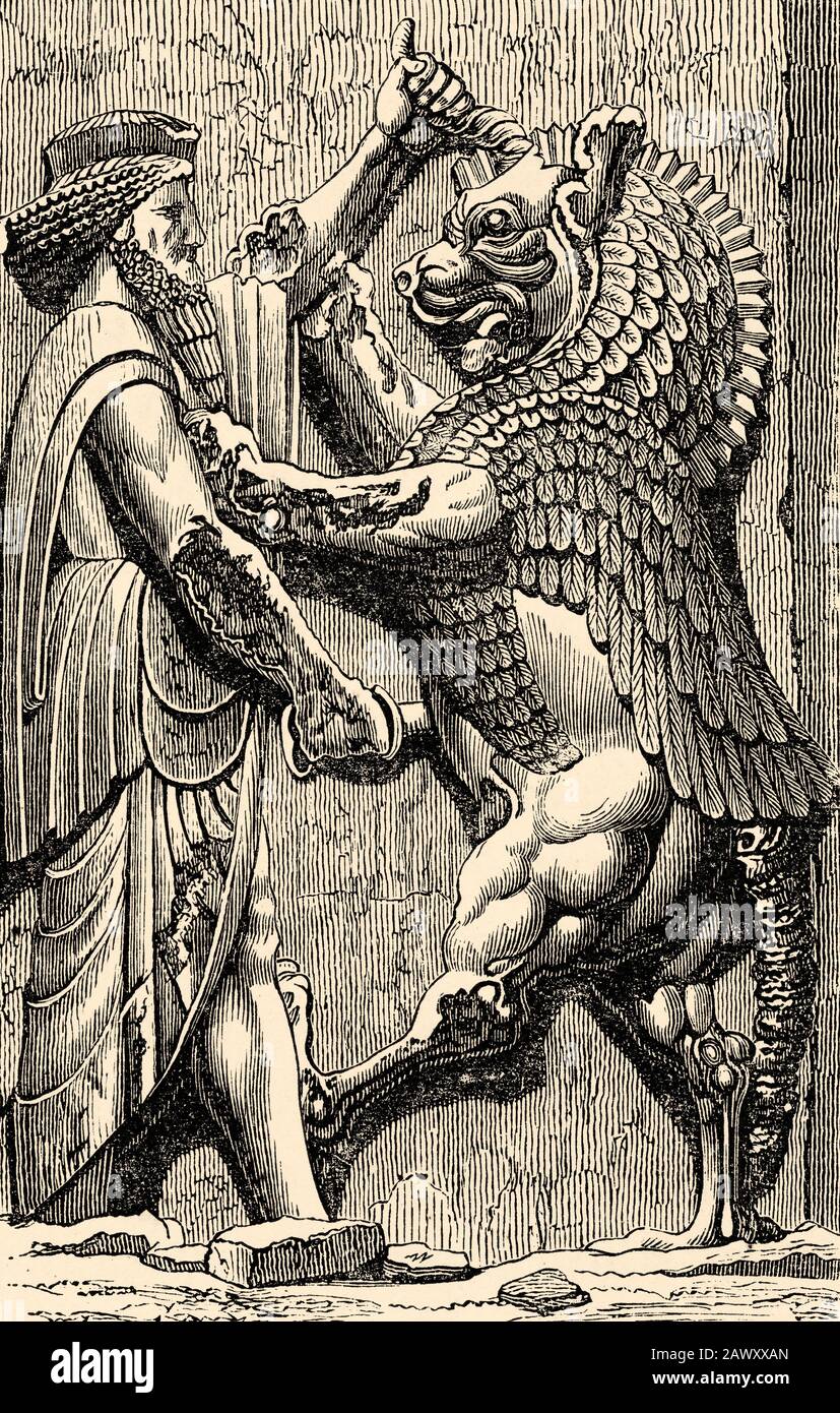Re persiano nel combattere con un mostro che simboleggiano Ahriman. Ahriman  Angra Mainyu, prima incarnazione del male. Animale ucciso dal re grande  rilievo della Foto stock - Alamy