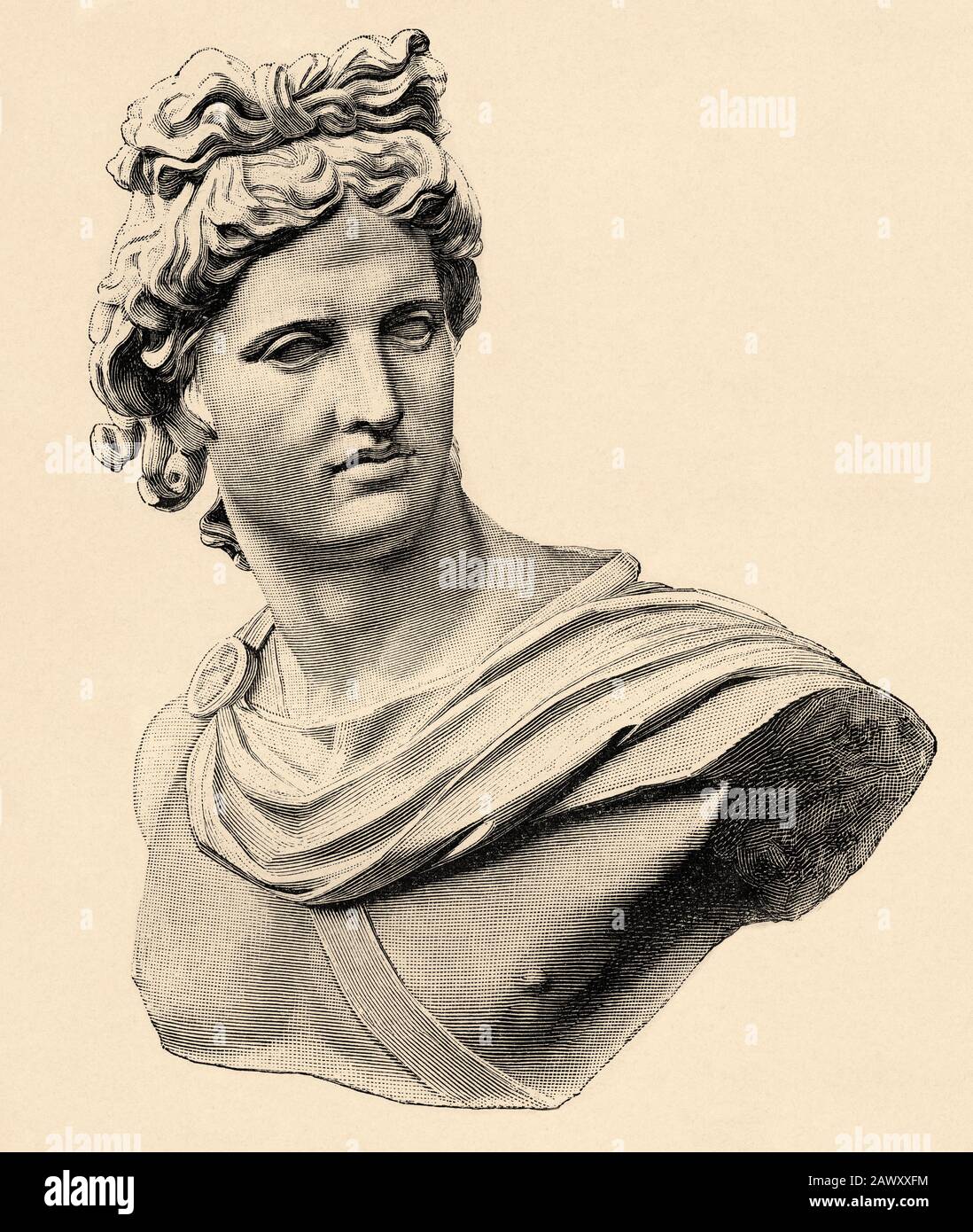 Apollo Belvedere o Apollo PITIO, è una famosa statua in marmo che rappresenta il dio greco Apollo. Grecia storia antica. Vecchia illustrazione dell'incisione f Foto Stock