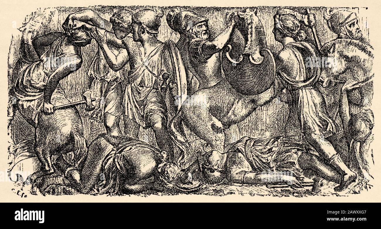 Sarcofago con scene di battaglia tra i Greci e le Amazzoni. Grecia storia antica. Vecchia illustrazione dell'incisione dal libro Storia universale Foto Stock