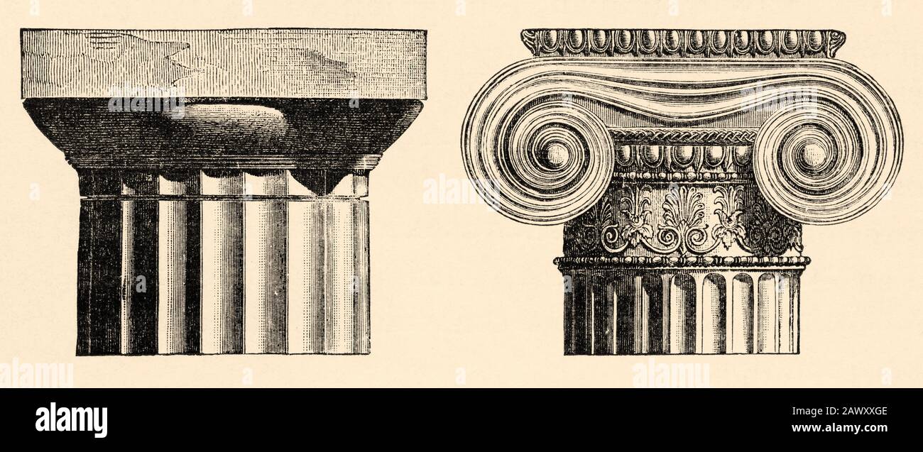 Architettura antica, capitelli di colonna, dorico e ionico. Grecia storia antica. Vecchia illustrazione dell'incisione dal libro Storia universale di Oscar J. Foto Stock