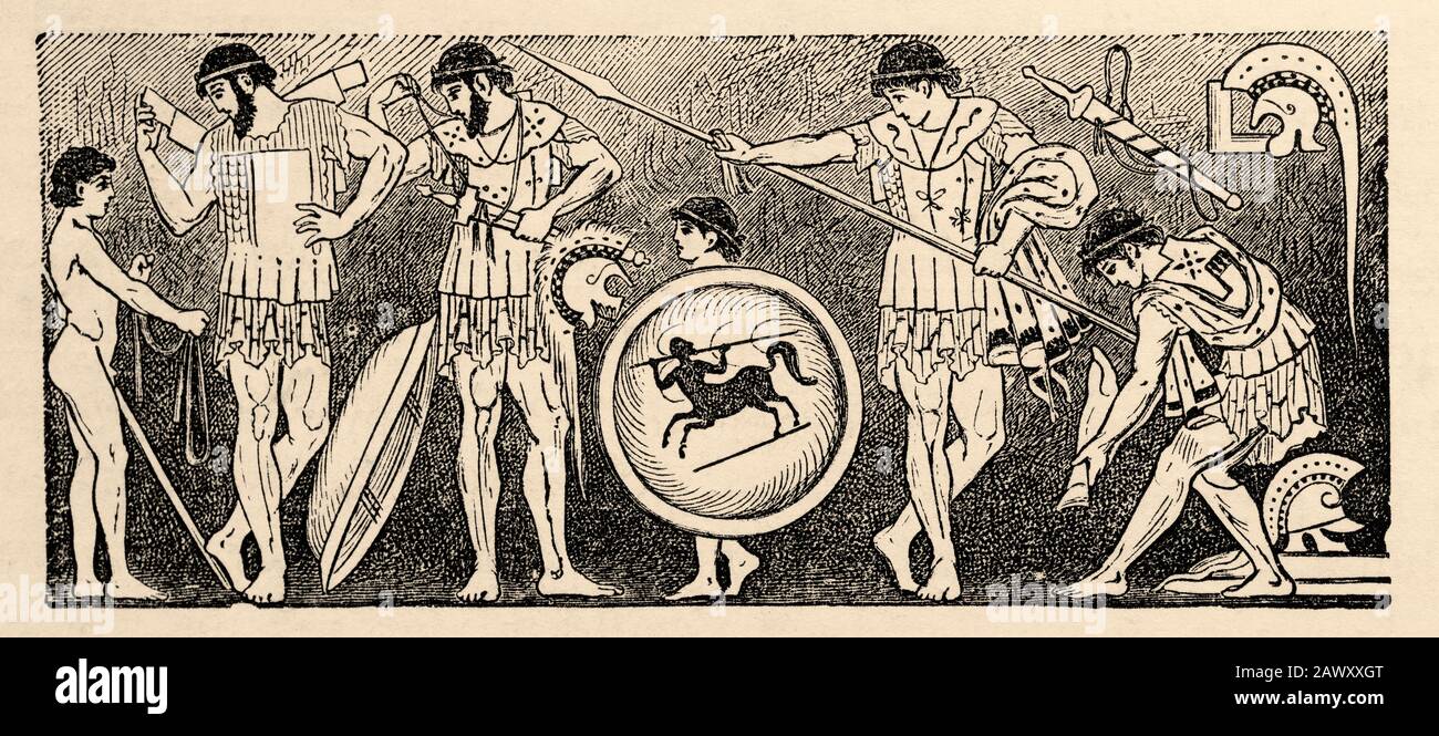 Immagine vaso soffitta, guerrieri greci si preparano, tempo delle guerre persiane 500-449 a.C. Grecia storia antica. Vecchia illustrazione dell'incisione dal Foto Stock