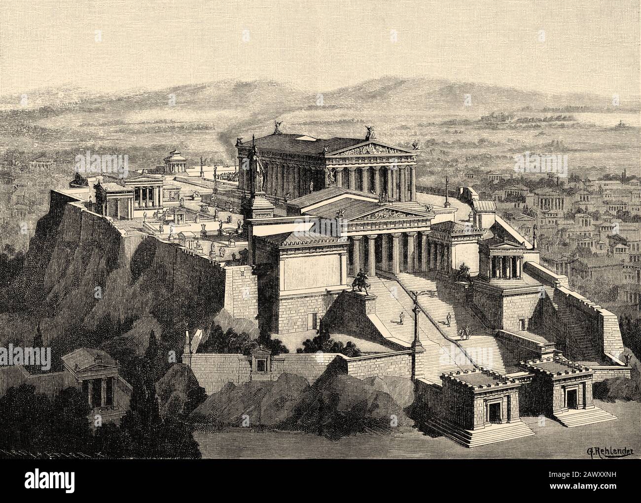 I propileos erano l'ingresso ideale all'Acropoli di Atene. Grecia storia antica. Vecchia illustrazione dell'incisione dal libro Storia universale b Foto Stock