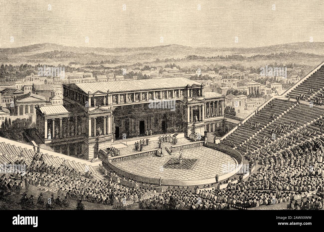 Il Teatro Dioniso era il più grande teatro dell'antica Grecia, situato nell'Acropoli di Atene e facente parte del tema Dioniso. S e dedicato Foto Stock