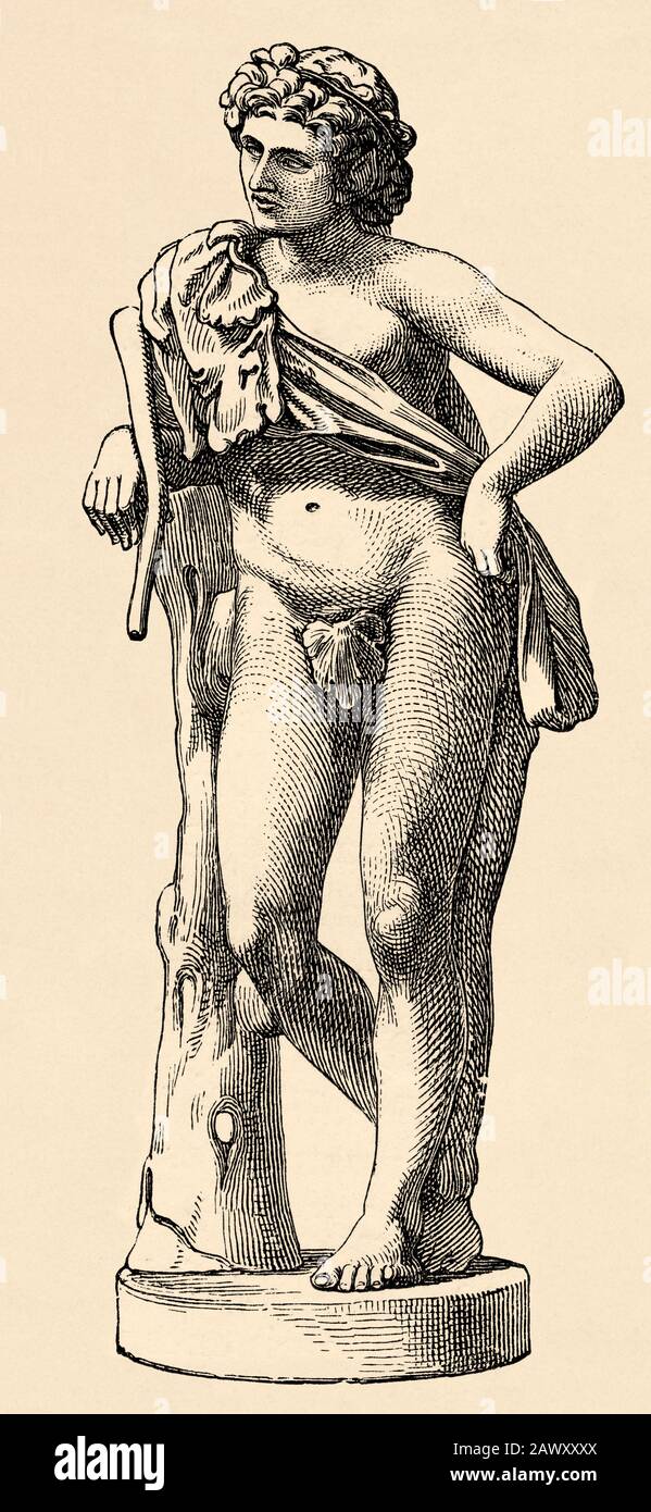 Satiro A Riposo O Satiro Pendente. Statua Di Praxiteles, Satiro, Glyptothek. Grecia storia antica. Vecchia illustrazione dell'incisione dal libro Universal hi Foto Stock