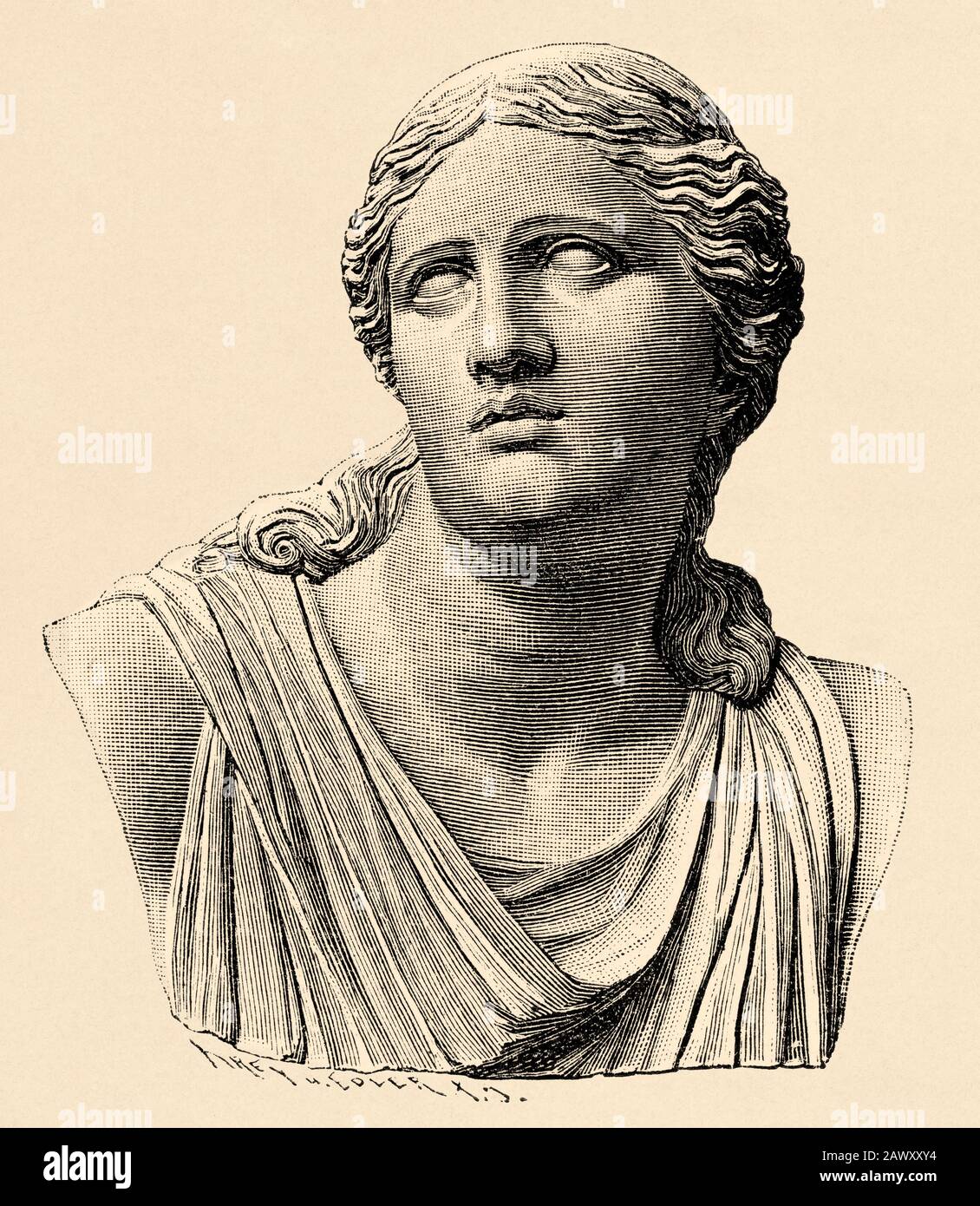 Níobe è un personaggio della mitologia greca, figlia di Tantalo e moglie di Anfión, re di Tebas. Grecia storia antica. Vecchia illustrazione dell'incisione fr Foto Stock