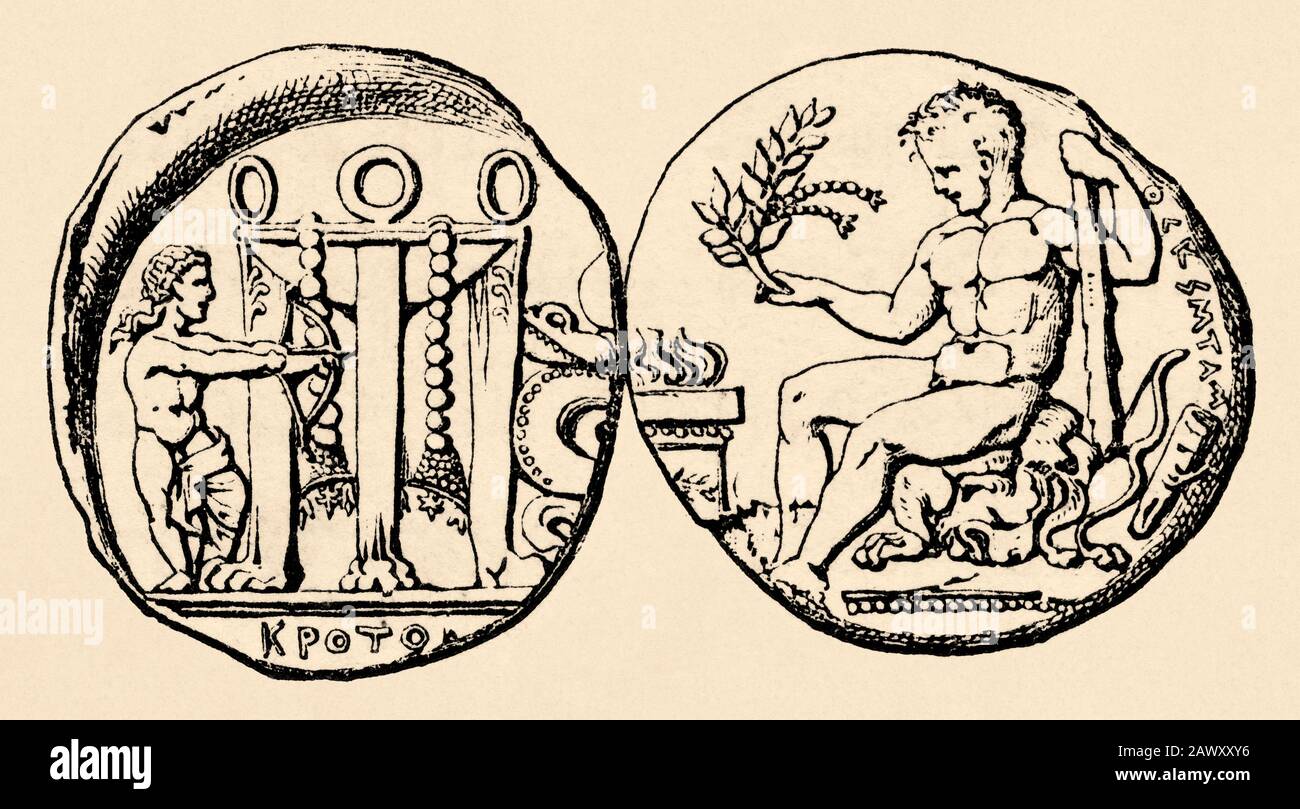 Moneta greca del 4th secolo a.C. con rappresentazione del treppiede delfico e del culto di Apollo. Grecia storia antica. Vecchia illustrazione dell'incisione Foto Stock