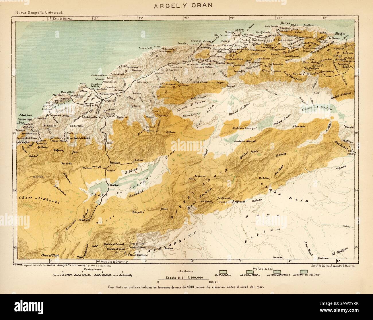 Mappa dell'atlante a colori del 19th secolo di Algeria e Oran. Nord Africa. Vecchia illustrazione dell'incisione del libro Nueva Geografia Universal di Eliseo Reclus 1 Foto Stock