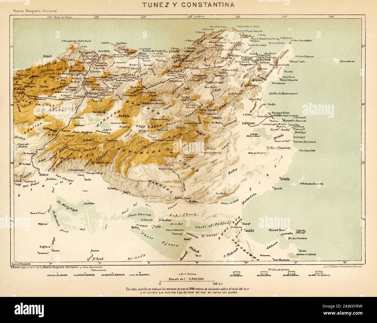 19th mappa del secolo di Tunes e Costantino. Nord Africa. Vecchia illustrazione dell'incisione del libro Nueva Geografia Universal di Eliseo Reclus 1889 Foto Stock