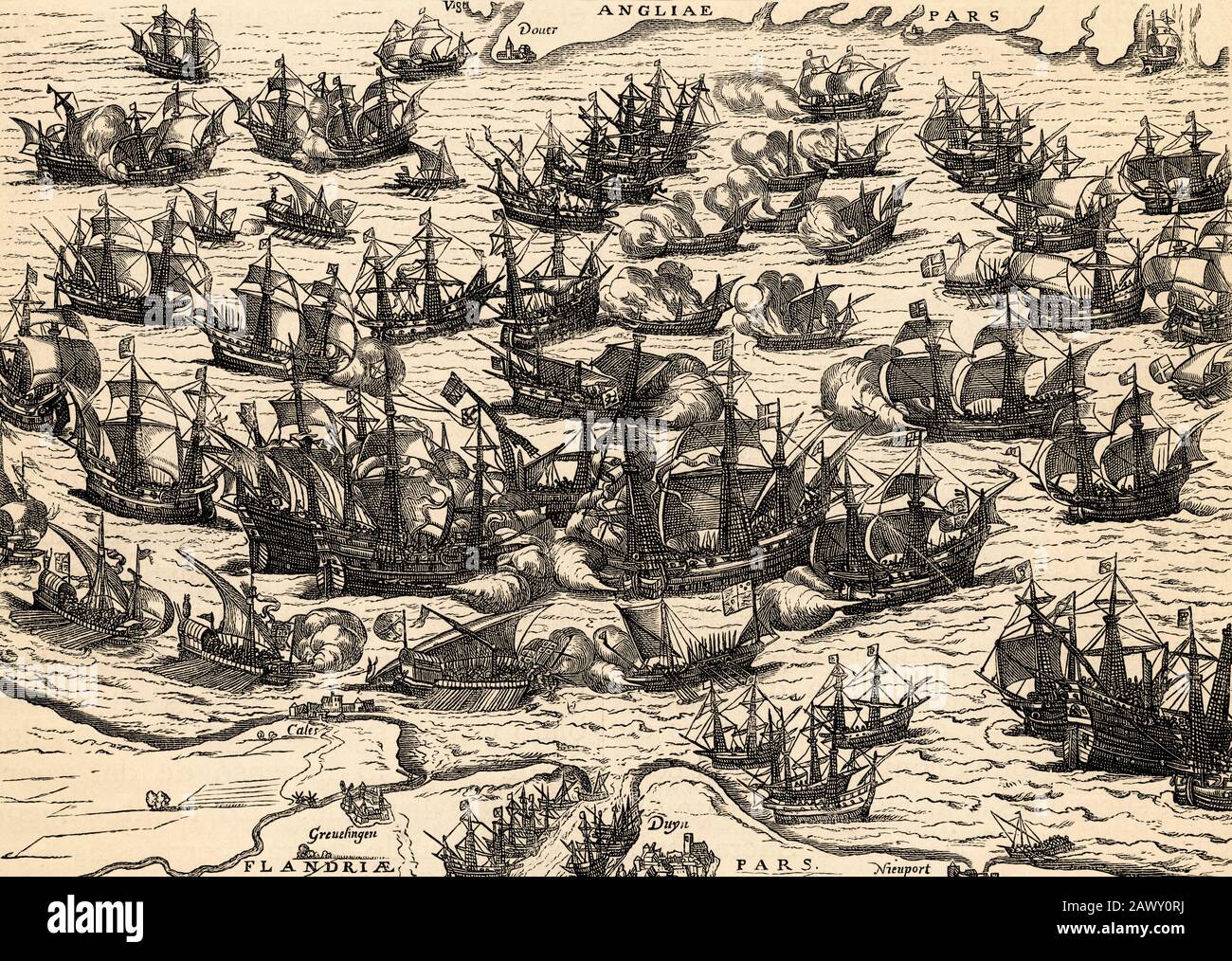 L'Armada spagnolo arriva sul canale inglese, 1588, guerra anglo-spagnola. Storia di Filippo II di Spagna. Vecchia incisione Foto Stock