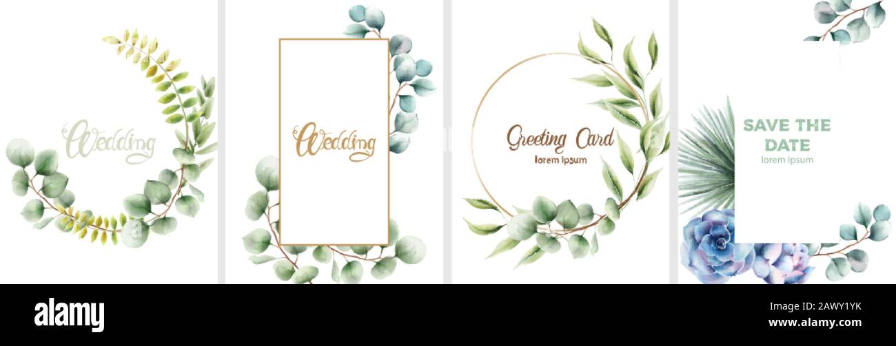 Set di nozze di biglietti d'invito con foglie e fiori ornamenti. Vettore Illustrazione Vettoriale