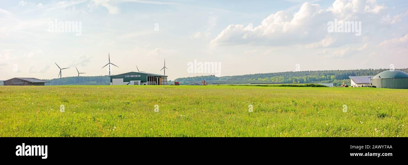 Bartholomae, Germania - 26 maggio 2016: Fattoria con fienile e impianto di biogas, prato verde di fronte Foto Stock