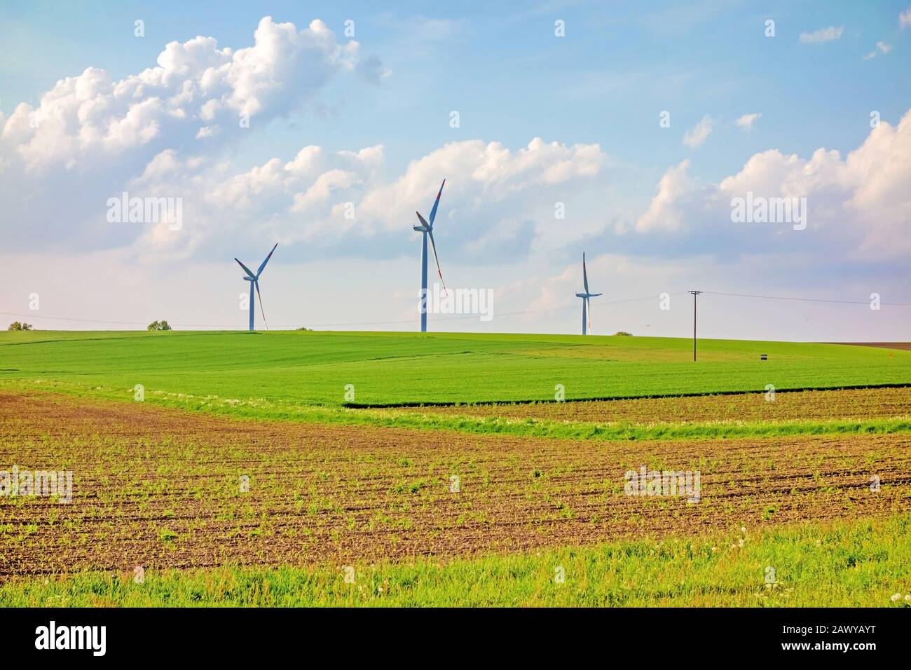 Mulini a vento, Eco power, turbine eoliche su terreni agricoli Foto Stock