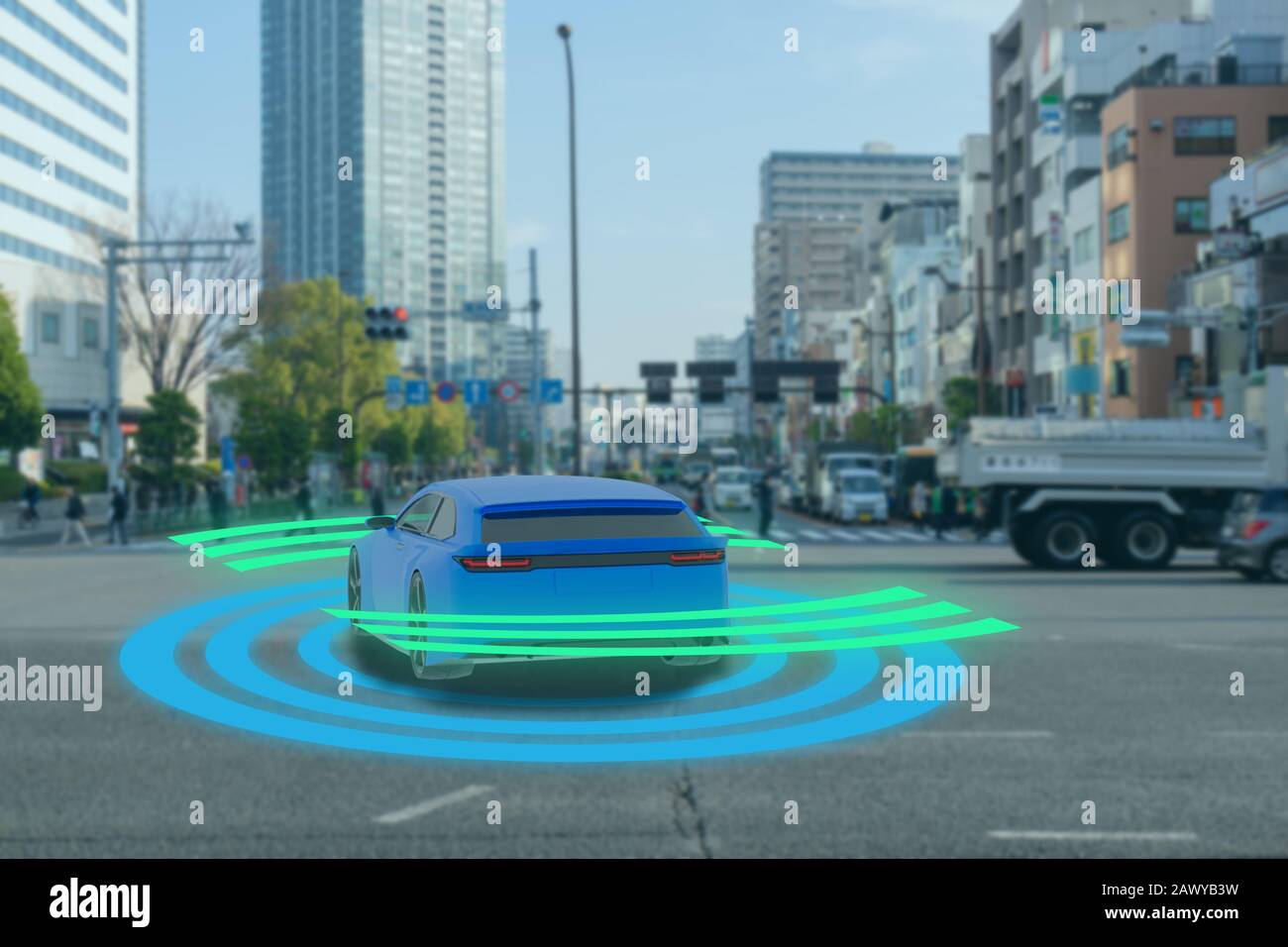 Iot smart automobili auto Driverless con intelligenza artificiale si combinano con profonda la tecnologia di apprendimento autonomo auto pilotaggio può consapevolezza situazionale aro Foto Stock