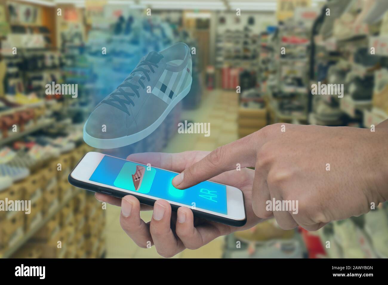 la vendita al dettaglio intelligente utilizza la tecnologia di realtà virtuale mista aumentata per aiutare gli acquisti nel mondo virtuale a combinarsi con l'intelligenza artificiale che combina profondo, machi Foto Stock