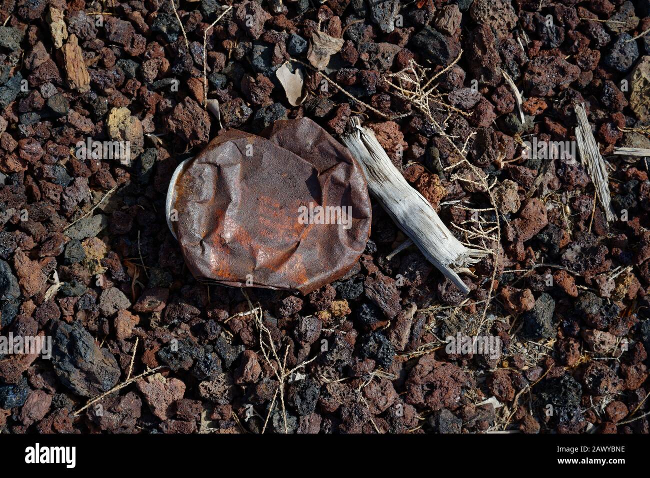 Un metallo arrugginito e schiacciato può lasciare scartato sul terreno. Spazzatura disseminata. Foto Stock