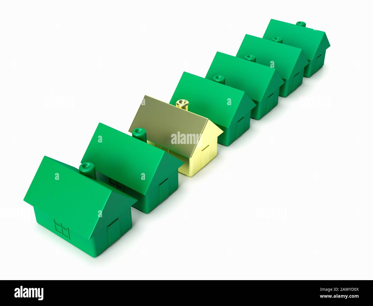 Casa d'oro in una fila di case, concetto di prezzo della casa Foto Stock