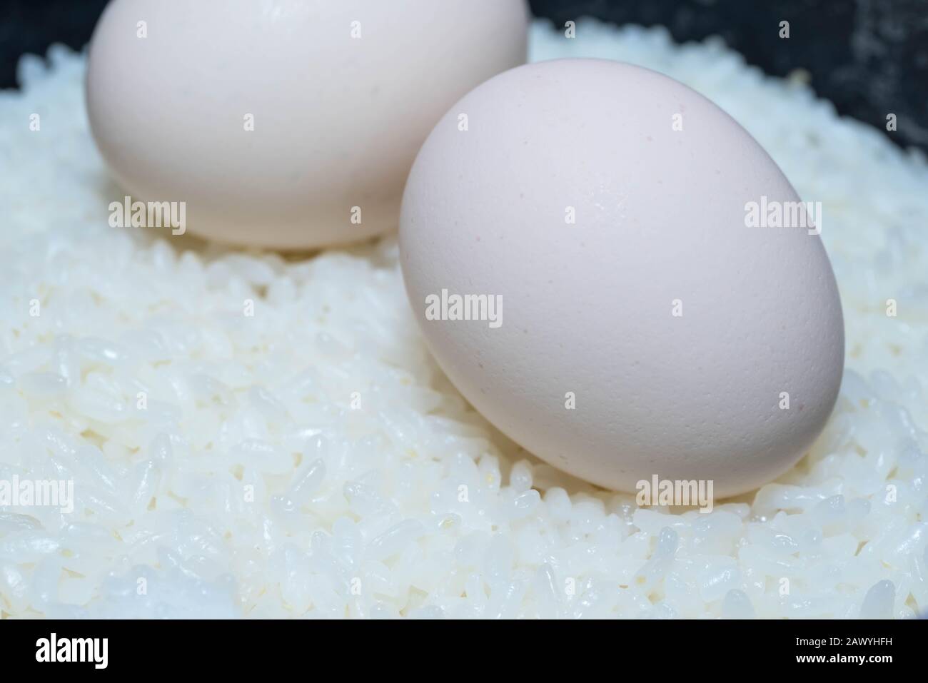 L'uovo è bollito e cucinato mettendo sulla cima del riso bollente in una pentola o cuoci riso. Foto Stock