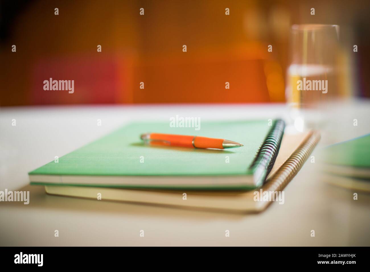 Primo piano notebook a spirale e penna Foto Stock