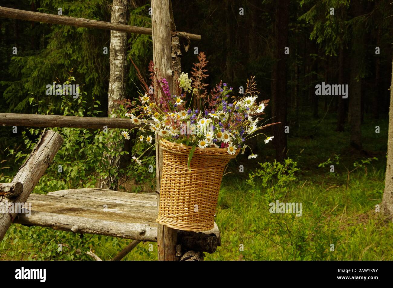Cesto di fiori nella foresta appeso su pali di legno, erba garea, cacciatore luogo Foto Stock