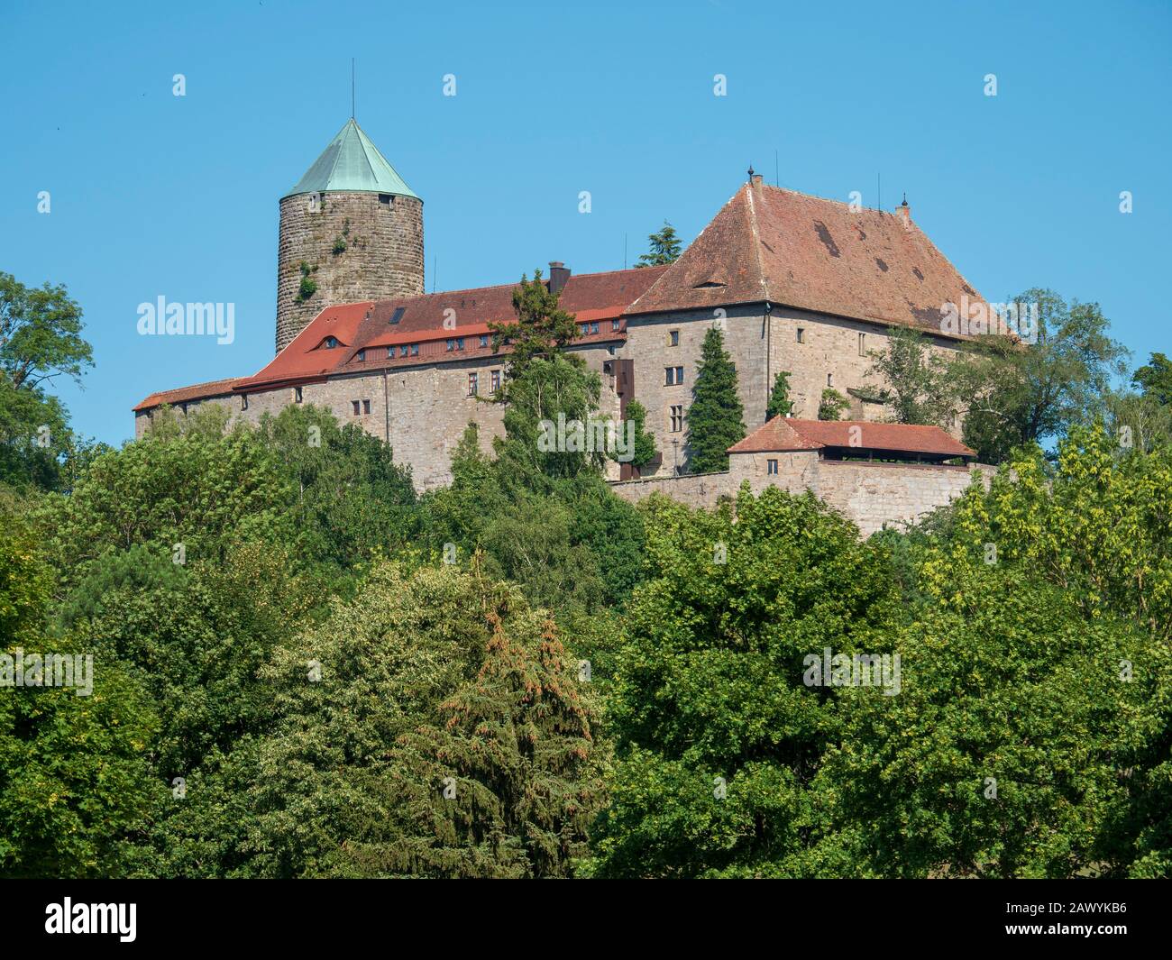 Burg Colmberg Im Hintergrund, Mittelfranken, Franken, Bayern, Deutschland | Castello Di Colmberg, Franconia, Baviera, Germania Foto Stock