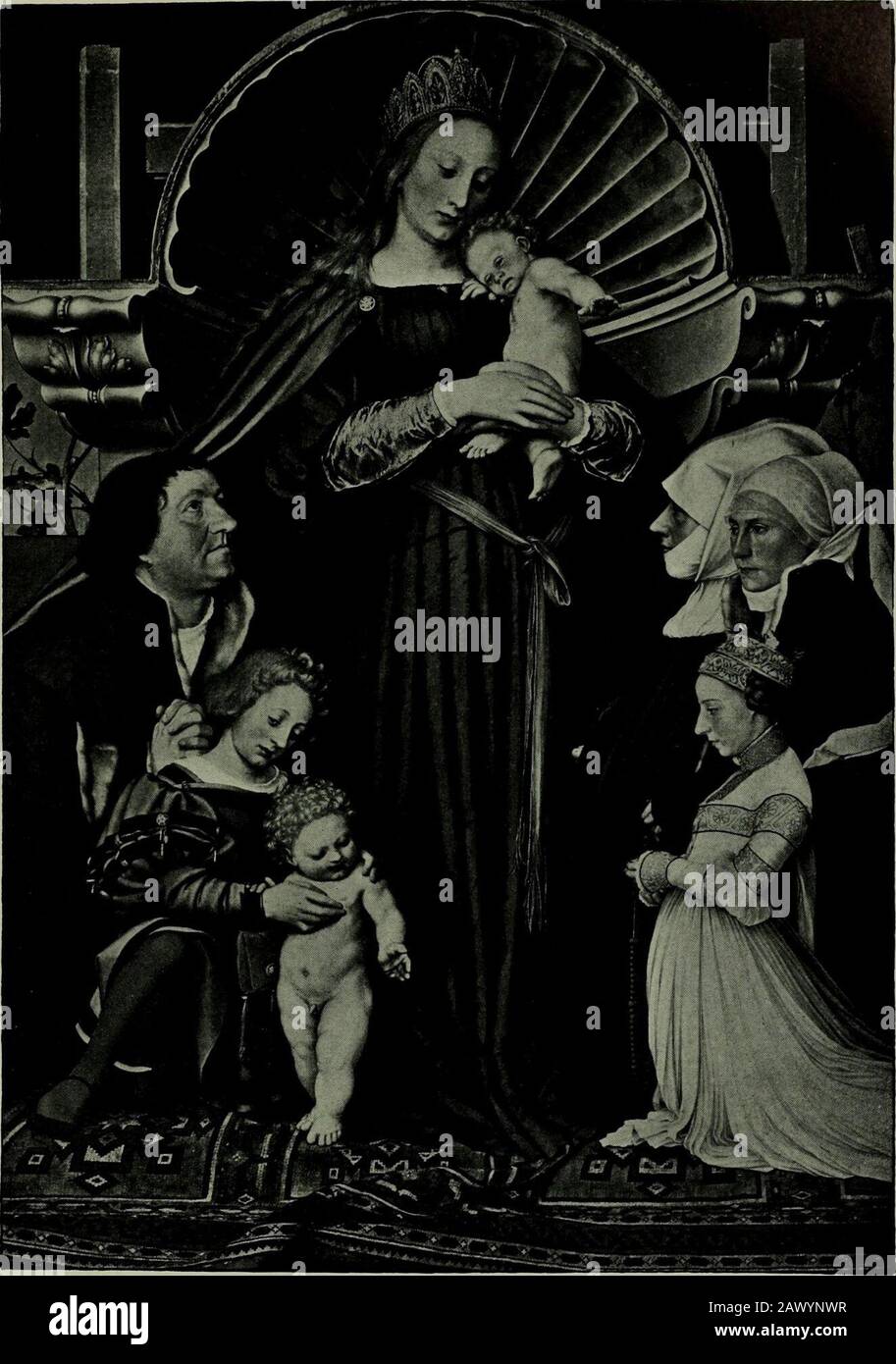 Hans Holbein il giovane . Vol. I., Piatto 71 LA MADONNA DI MEYER Darmstadt. Descrizione DELLA FOTO 235 di illustrazioni del libro di Holbeins. Nel volto delle Vergini, con i suoi occhi calati, si ha uno sguardo di celeste tranquillità. La sua carnagione isfair, e le sue guance hanno una rosea tinge. Indossa un crownset dorato con perle e pietre preziose, sotto il quale i suoi capelli d'oro fallsupon le spalle e sopra il suo mantello, ed è dipinto con allHolbeins cura minuto e completa padronanza tecnica. Le delicate e pallide tinte di carne sono continuate nel corpo del Bambino Cristide nelle mani di sua madre, Foto Stock