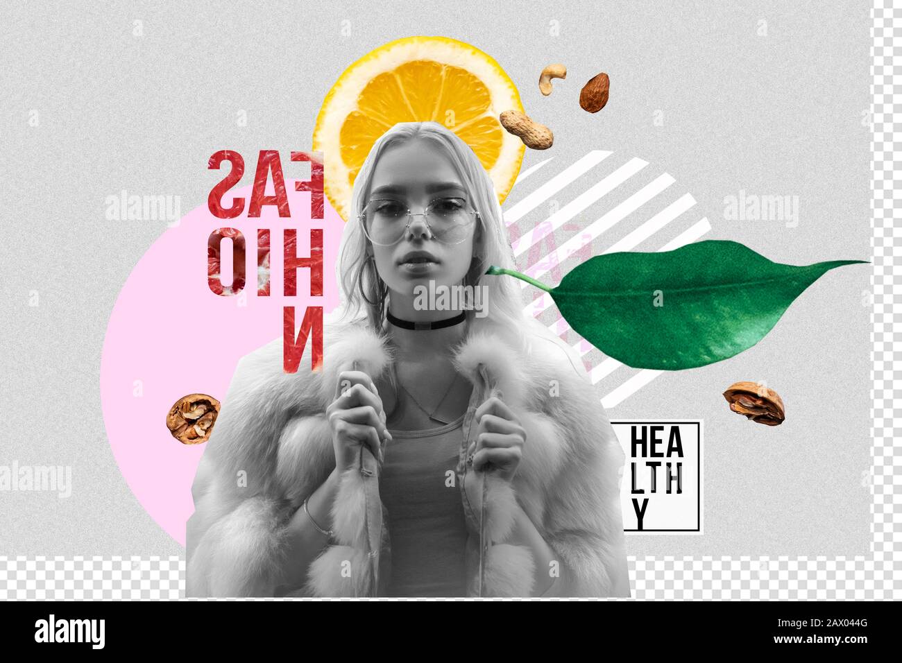 Hipster moda ragazza cibo sano su arte contemporanea collage sfondo grigio Foto Stock