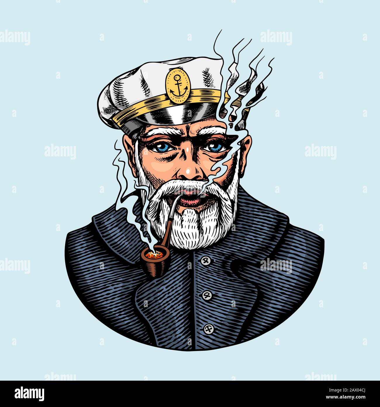 Capitano di mare, marinaio vecchio marino con pipa o blueJacket, marinaio con barba o uomini marittimi. Viaggio in nave o in barca. Inciso a mano disegnato in vecchio boho Illustrazione Vettoriale