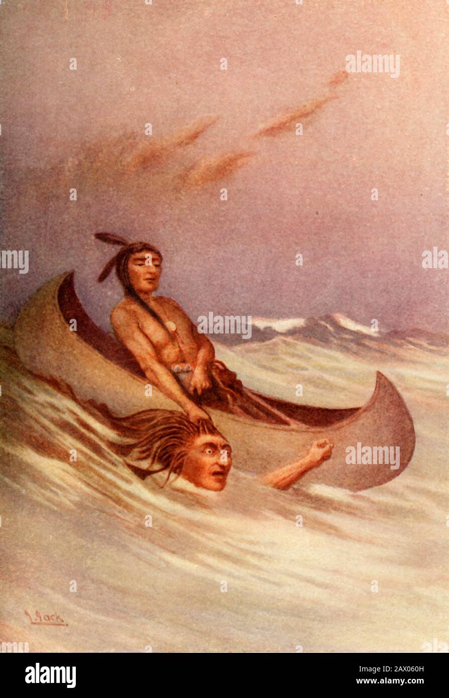 "Ha preso il pelo", 1914. Nella leggenda di Haida, un maestro falegname costruisce una canoa per combattere con il suo nemico, il vento sud-orientale. Sud-est convoca i suoi parenti e vince. Dai "miti degli indiani nordamericani", di Lewis Spence F.R.A.I. [George G. Harrap &Amp; Co. Ltd, Londra, Calcutta, Sydney, 1914] Foto Stock